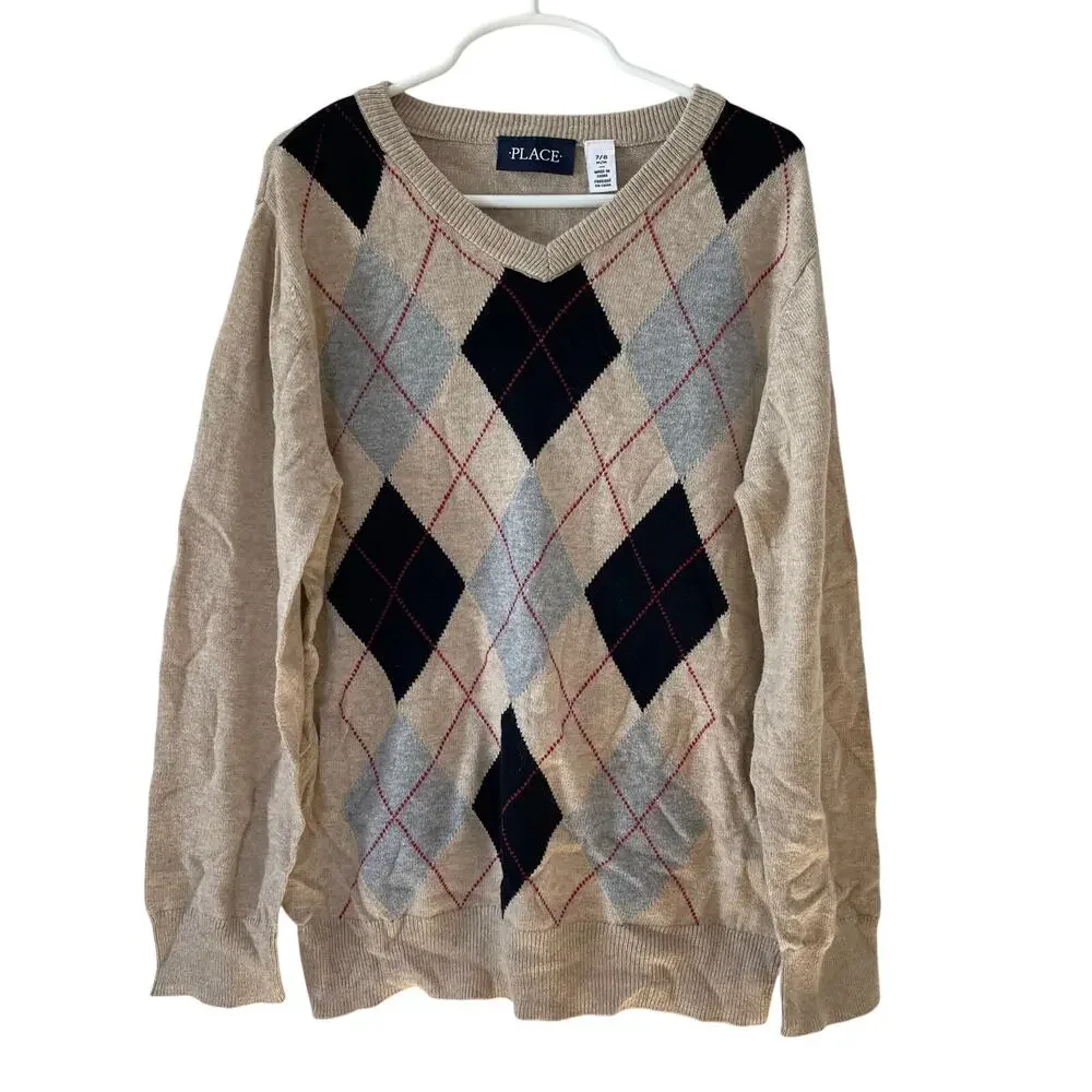 The Children's Place Boys‎ Tan Argyle V-Neck Sweater Size 7/8 Medium